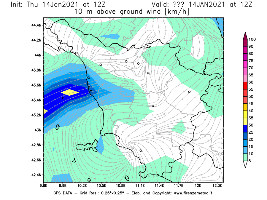 Mappa di analisi GFS - Velocità del vento a 10 metri dal suolo [km/h] in Toscana
							del 14/01/2021 12 <!--googleoff: index-->UTC<!--googleon: index-->