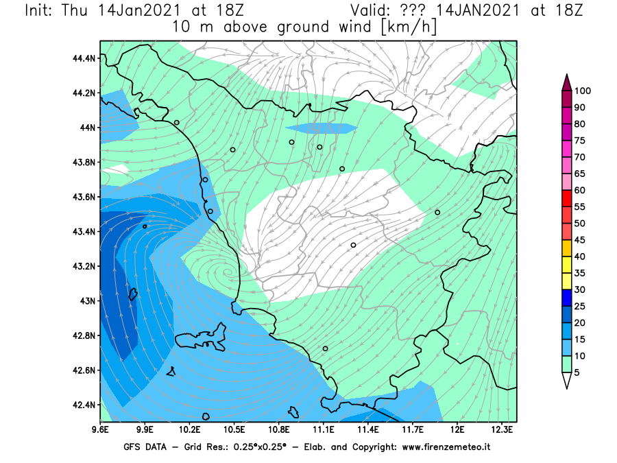 Mappa di analisi GFS - Velocità del vento a 10 metri dal suolo [km/h] in Toscana
							del 14/01/2021 18 <!--googleoff: index-->UTC<!--googleon: index-->