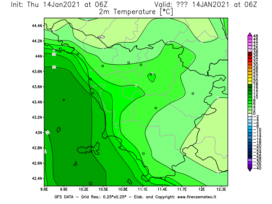 Mappa di analisi GFS - Temperatura a 2 metri dal suolo [°C] in Toscana
									del 14/01/2021 06 <!--googleoff: index-->UTC<!--googleon: index-->