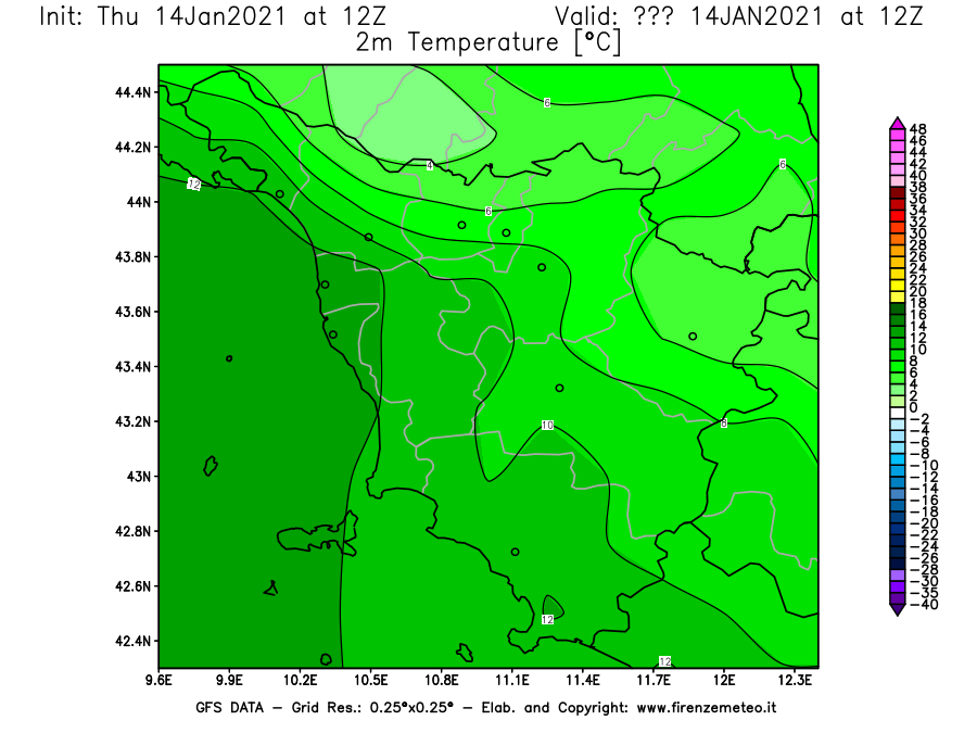 Mappa di analisi GFS - Temperatura a 2 metri dal suolo [°C] in Toscana
							del 14/01/2021 12 <!--googleoff: index-->UTC<!--googleon: index-->
