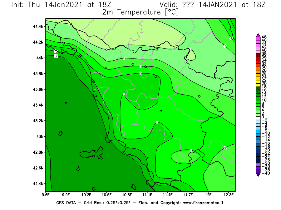 Mappa di analisi GFS - Temperatura a 2 metri dal suolo [°C] in Toscana
							del 14/01/2021 18 <!--googleoff: index-->UTC<!--googleon: index-->