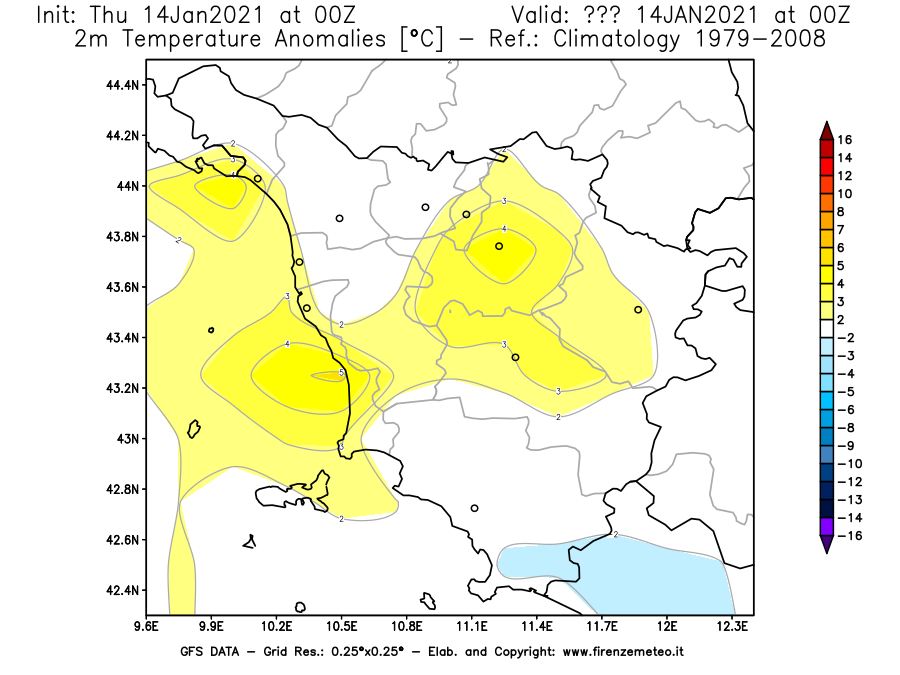 Mappa di analisi GFS - Anomalia Temperatura [°C] a 2 m in Toscana
									del 14/01/2021 00 <!--googleoff: index-->UTC<!--googleon: index-->