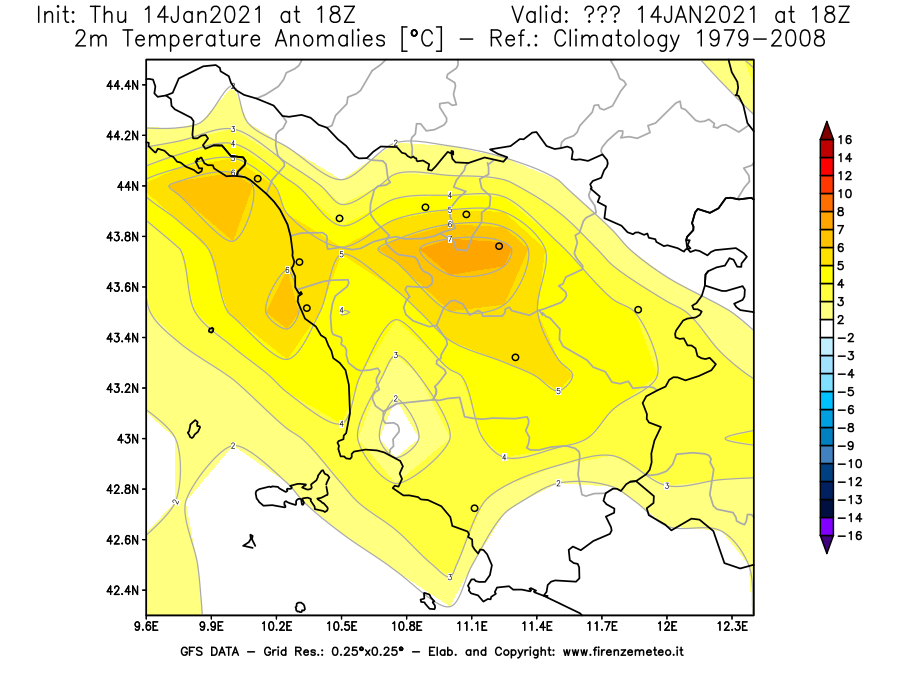 Mappa di analisi GFS - Anomalia Temperatura [°C] a 2 m in Toscana
							del 14/01/2021 18 <!--googleoff: index-->UTC<!--googleon: index-->