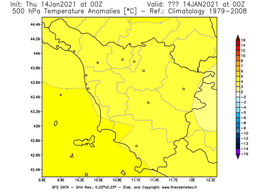 Mappa di analisi GFS - Anomalia Temperatura [°C] a 500 hPa in Toscana
									del 14/01/2021 00 <!--googleoff: index-->UTC<!--googleon: index-->