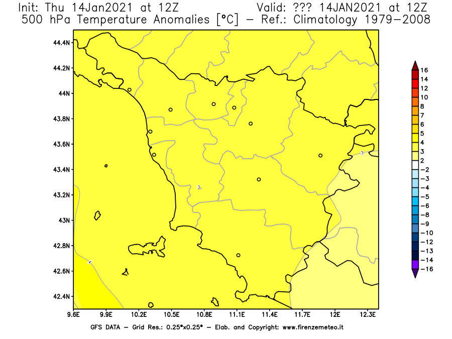 Mappa di analisi GFS - Anomalia Temperatura [°C] a 500 hPa in Toscana
									del 14/01/2021 12 <!--googleoff: index-->UTC<!--googleon: index-->