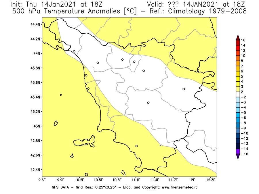 Mappa di analisi GFS - Anomalia Temperatura [°C] a 500 hPa in Toscana
							del 14/01/2021 18 <!--googleoff: index-->UTC<!--googleon: index-->