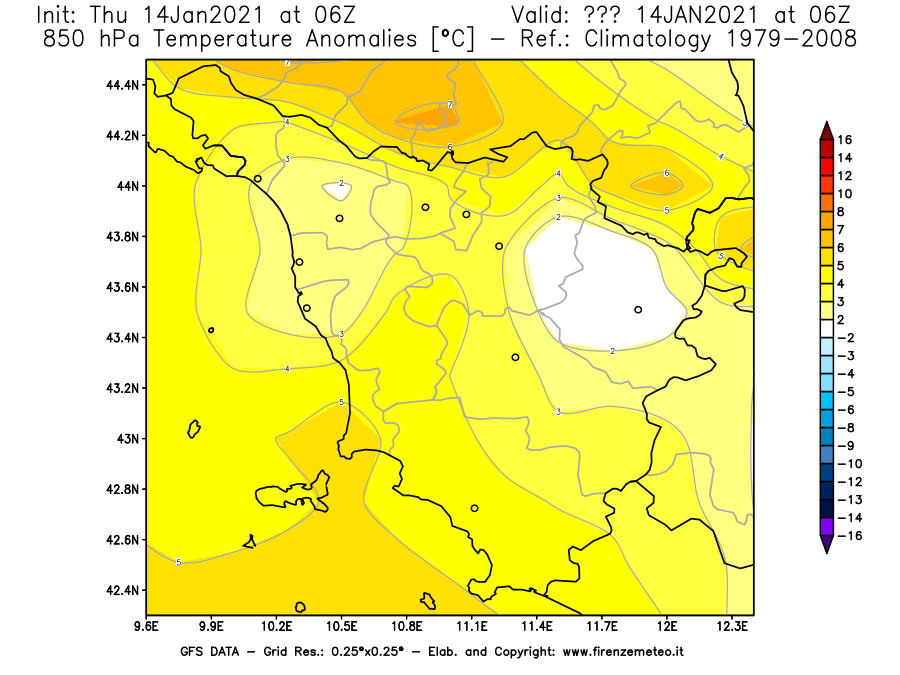 Mappa di analisi GFS - Anomalia Temperatura [°C] a 850 hPa in Toscana
							del 14/01/2021 06 <!--googleoff: index-->UTC<!--googleon: index-->