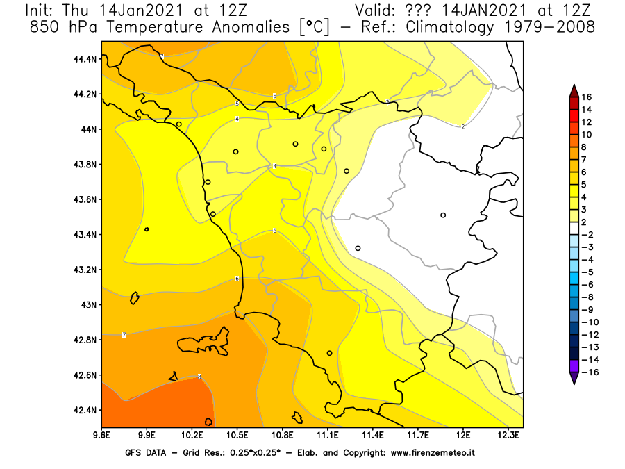 Mappa di analisi GFS - Anomalia Temperatura [°C] a 850 hPa in Toscana
									del 14/01/2021 12 <!--googleoff: index-->UTC<!--googleon: index-->