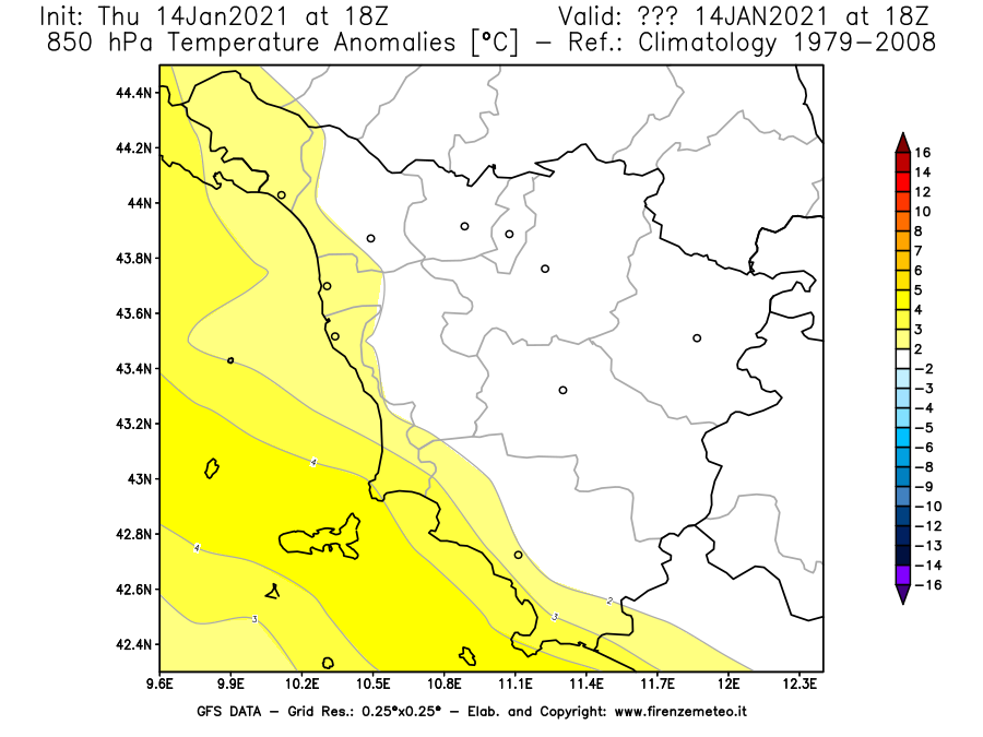 Mappa di analisi GFS - Anomalia Temperatura [°C] a 850 hPa in Toscana
							del 14/01/2021 18 <!--googleoff: index-->UTC<!--googleon: index-->