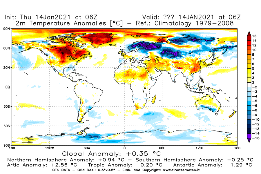 Mappa di analisi GFS - Anomalia Temperatura [°C] a 2 m in World
							del 14/01/2021 06 <!--googleoff: index-->UTC<!--googleon: index-->