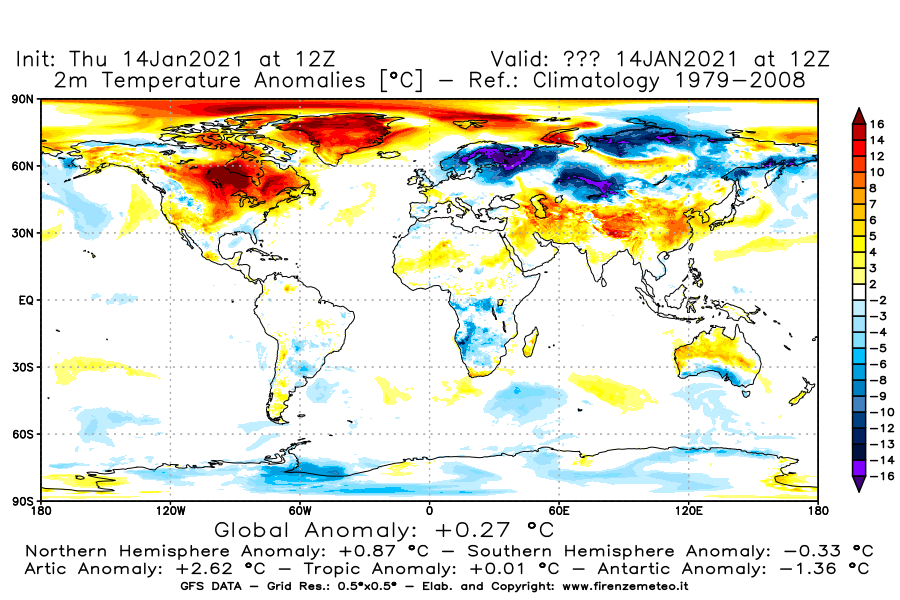 Mappa di analisi GFS - Anomalia Temperatura [°C] a 2 m in World
									del 14/01/2021 12 <!--googleoff: index-->UTC<!--googleon: index-->