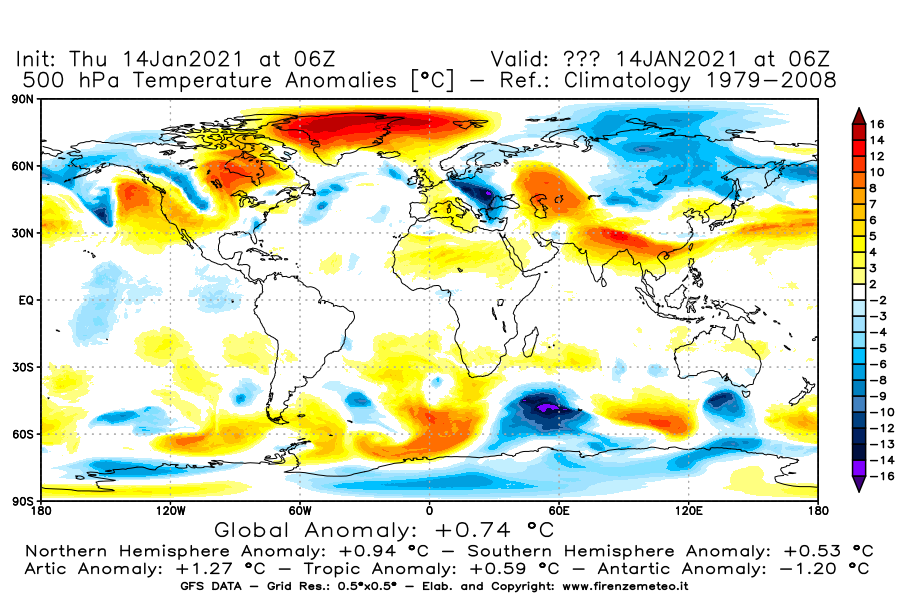 Mappa di analisi GFS - Anomalia Temperatura [°C] a 500 hPa in World
									del 14/01/2021 06 <!--googleoff: index-->UTC<!--googleon: index-->