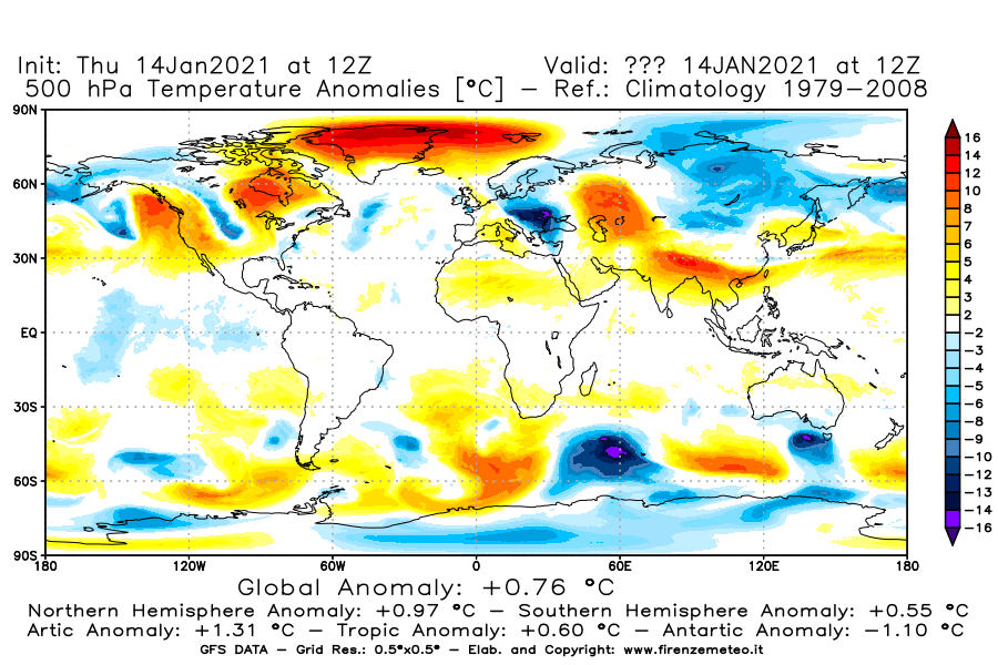 Mappa di analisi GFS - Anomalia Temperatura [°C] a 500 hPa in World
							del 14/01/2021 12 <!--googleoff: index-->UTC<!--googleon: index-->