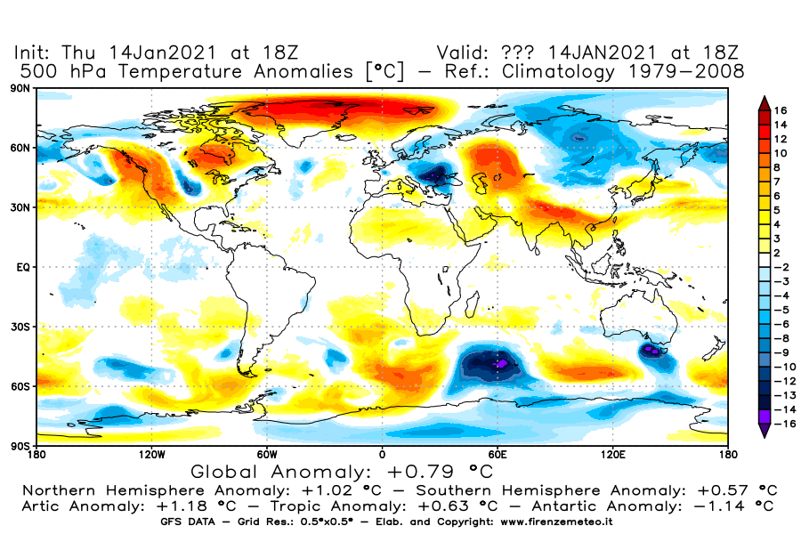 Mappa di analisi GFS - Anomalia Temperatura [°C] a 500 hPa in World
							del 14/01/2021 18 <!--googleoff: index-->UTC<!--googleon: index-->