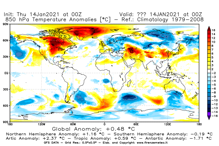 Mappa di analisi GFS - Anomalia Temperatura [°C] a 850 hPa in World
							del 14/01/2021 00 <!--googleoff: index-->UTC<!--googleon: index-->