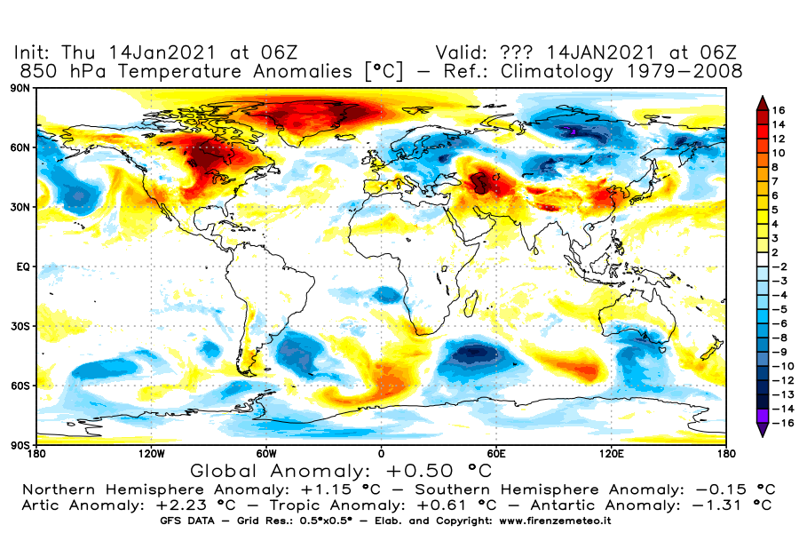 Mappa di analisi GFS - Anomalia Temperatura [°C] a 850 hPa in World
									del 14/01/2021 06 <!--googleoff: index-->UTC<!--googleon: index-->