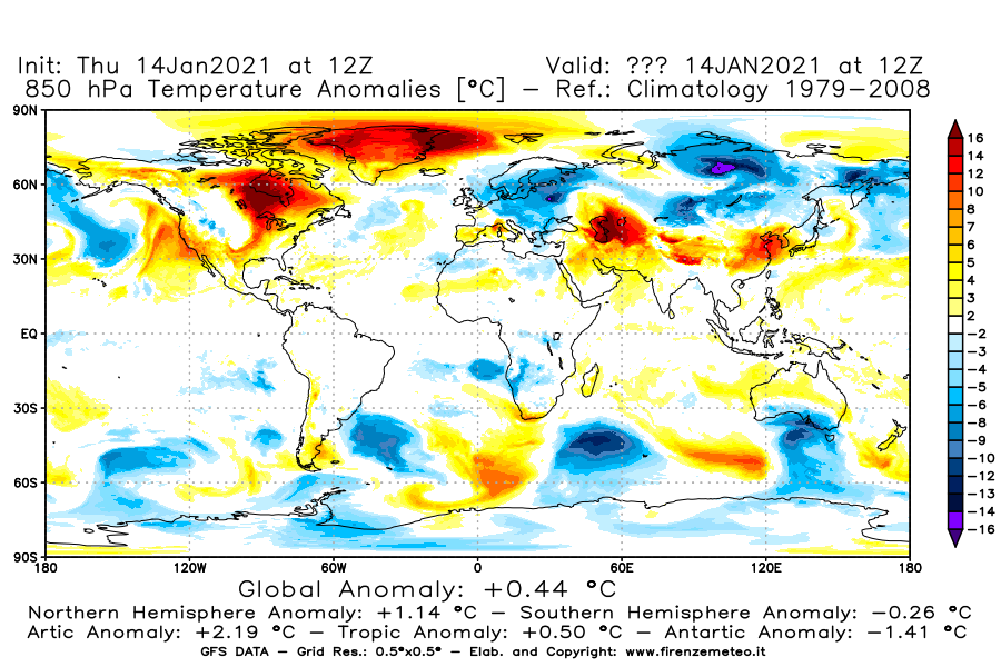 Mappa di analisi GFS - Anomalia Temperatura [°C] a 850 hPa in World
									del 14/01/2021 12 <!--googleoff: index-->UTC<!--googleon: index-->