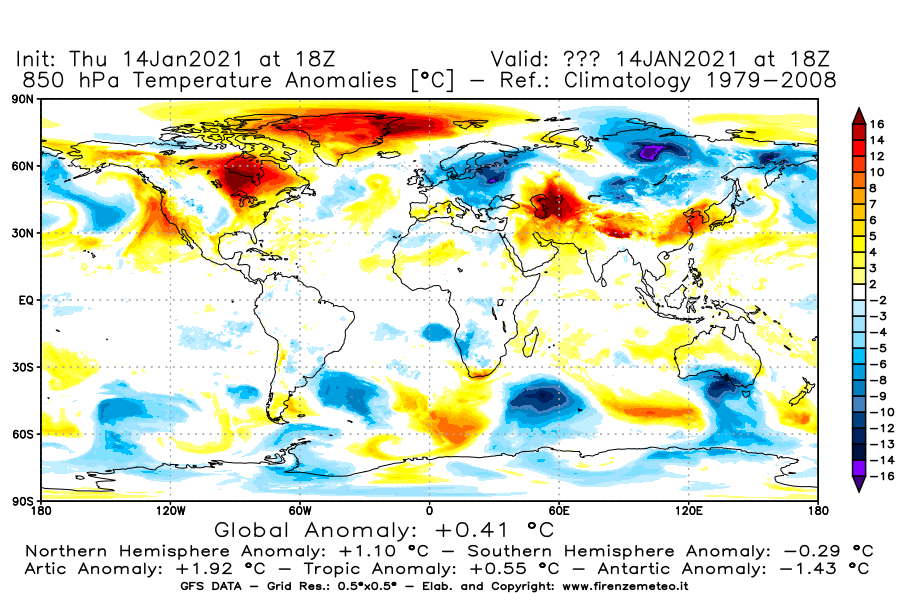 Mappa di analisi GFS - Anomalia Temperatura [°C] a 850 hPa in World
							del 14/01/2021 18 <!--googleoff: index-->UTC<!--googleon: index-->