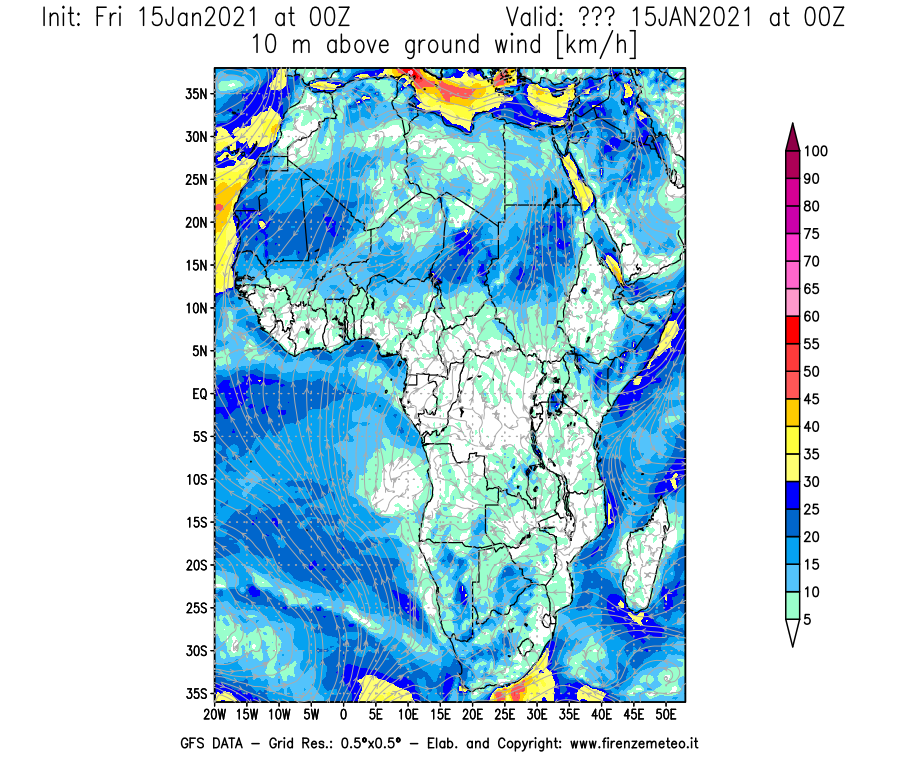 Mappa di analisi GFS - Velocità del vento a 10 metri dal suolo [km/h] in Africa
									del 15/01/2021 00 <!--googleoff: index-->UTC<!--googleon: index-->