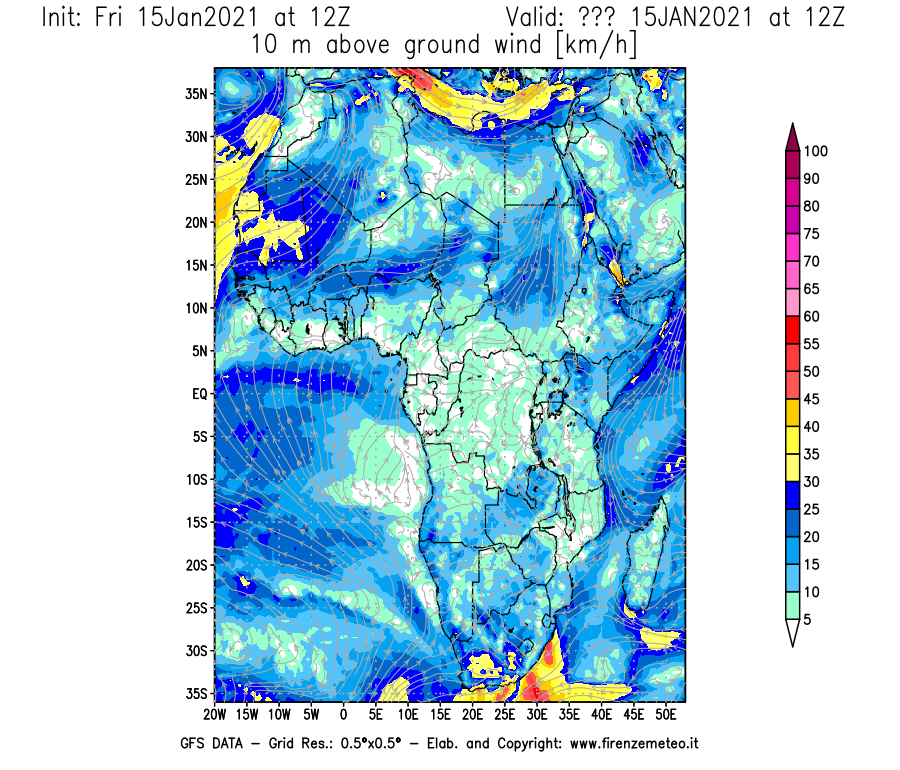 Mappa di analisi GFS - Velocità del vento a 10 metri dal suolo [km/h] in Africa
									del 15/01/2021 12 <!--googleoff: index-->UTC<!--googleon: index-->