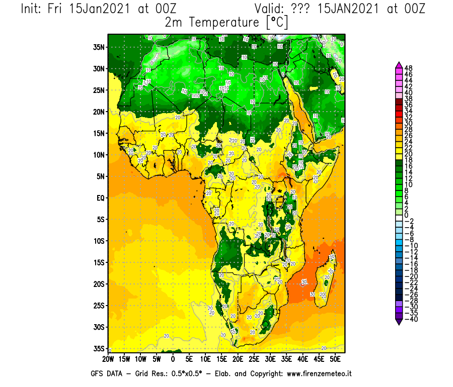 Mappa di analisi GFS - Temperatura a 2 metri dal suolo [°C] in Africa
									del 15/01/2021 00 <!--googleoff: index-->UTC<!--googleon: index-->