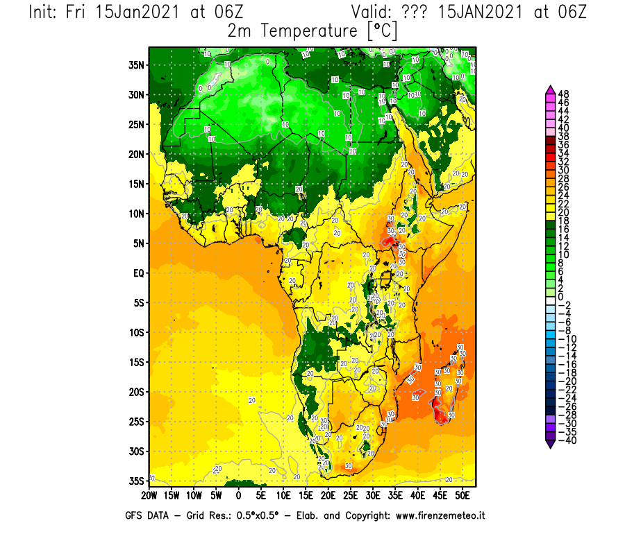 Mappa di analisi GFS - Temperatura a 2 metri dal suolo [°C] in Africa
									del 15/01/2021 06 <!--googleoff: index-->UTC<!--googleon: index-->