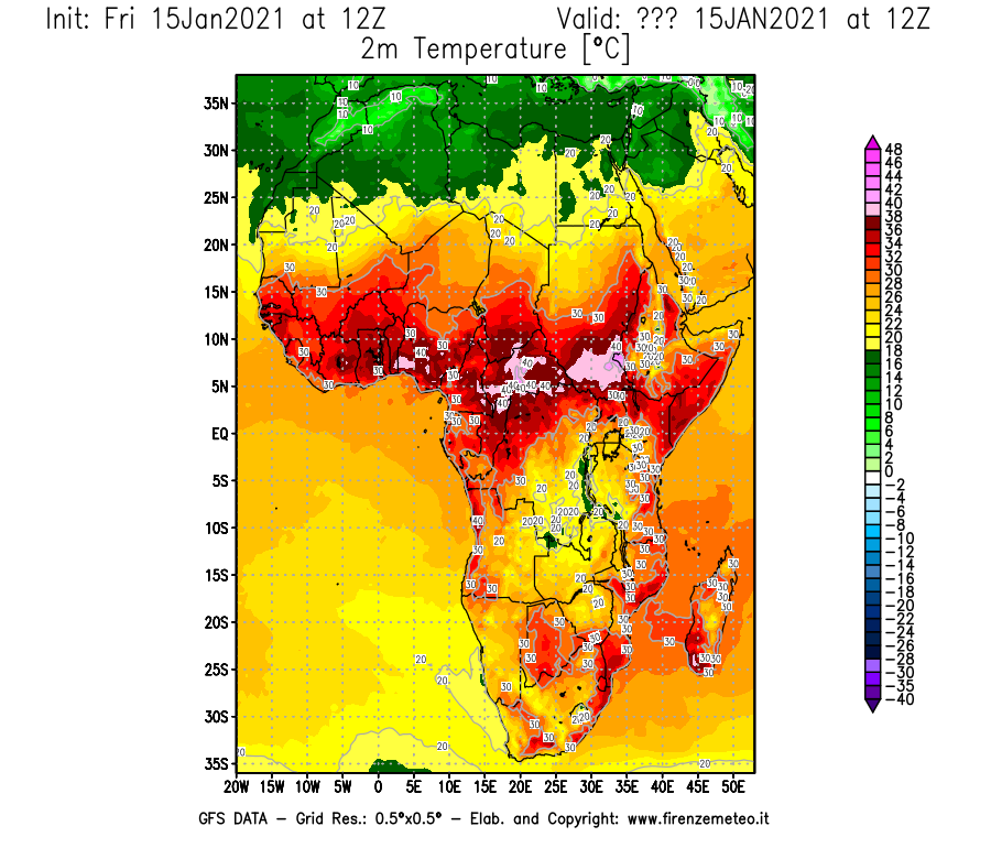 Mappa di analisi GFS - Temperatura a 2 metri dal suolo [°C] in Africa
									del 15/01/2021 12 <!--googleoff: index-->UTC<!--googleon: index-->