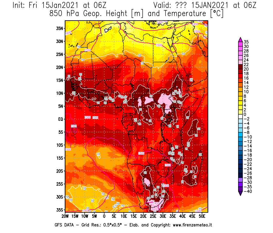 Mappa di analisi GFS - Geopotenziale [m] e Temperatura [°C] a 850 hPa in Africa
									del 15/01/2021 06 <!--googleoff: index-->UTC<!--googleon: index-->