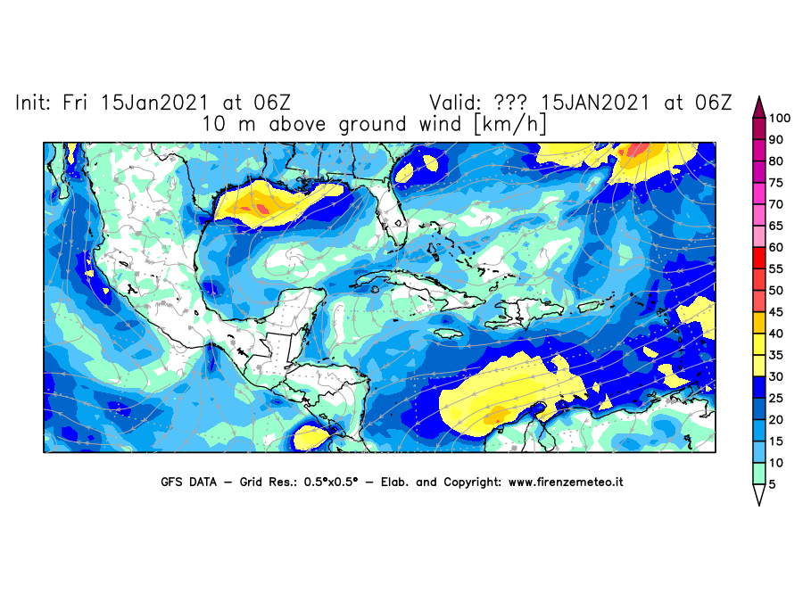 Mappa di analisi GFS - Velocità del vento a 10 metri dal suolo [km/h] in Centro-America
									del 15/01/2021 06 <!--googleoff: index-->UTC<!--googleon: index-->