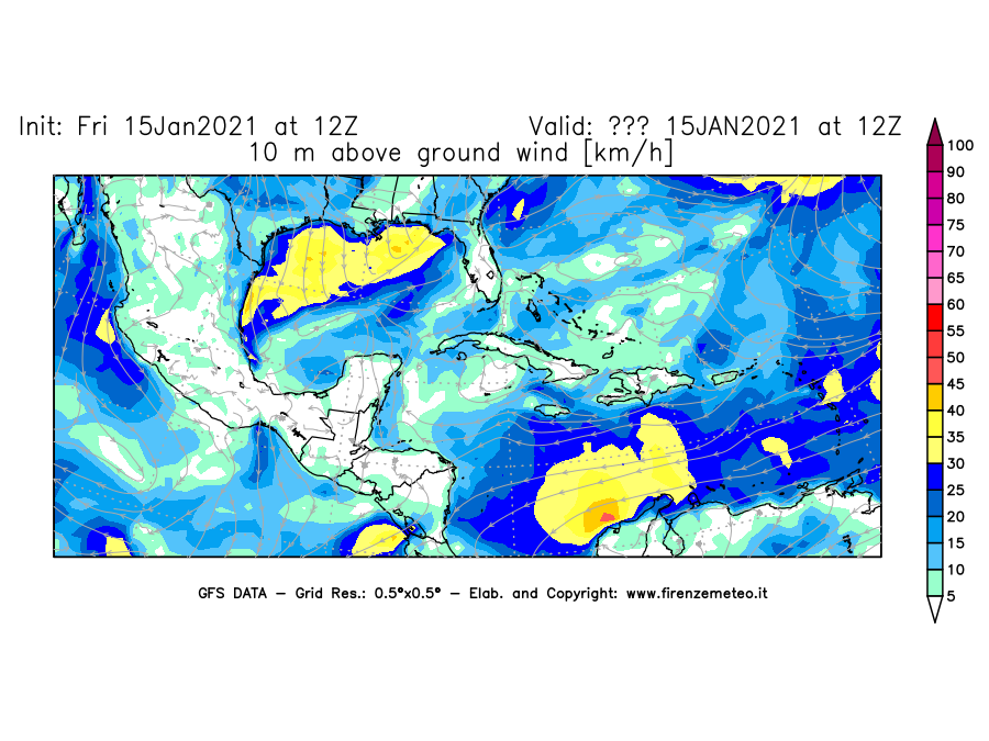 Mappa di analisi GFS - Velocità del vento a 10 metri dal suolo [km/h] in Centro-America
									del 15/01/2021 12 <!--googleoff: index-->UTC<!--googleon: index-->
