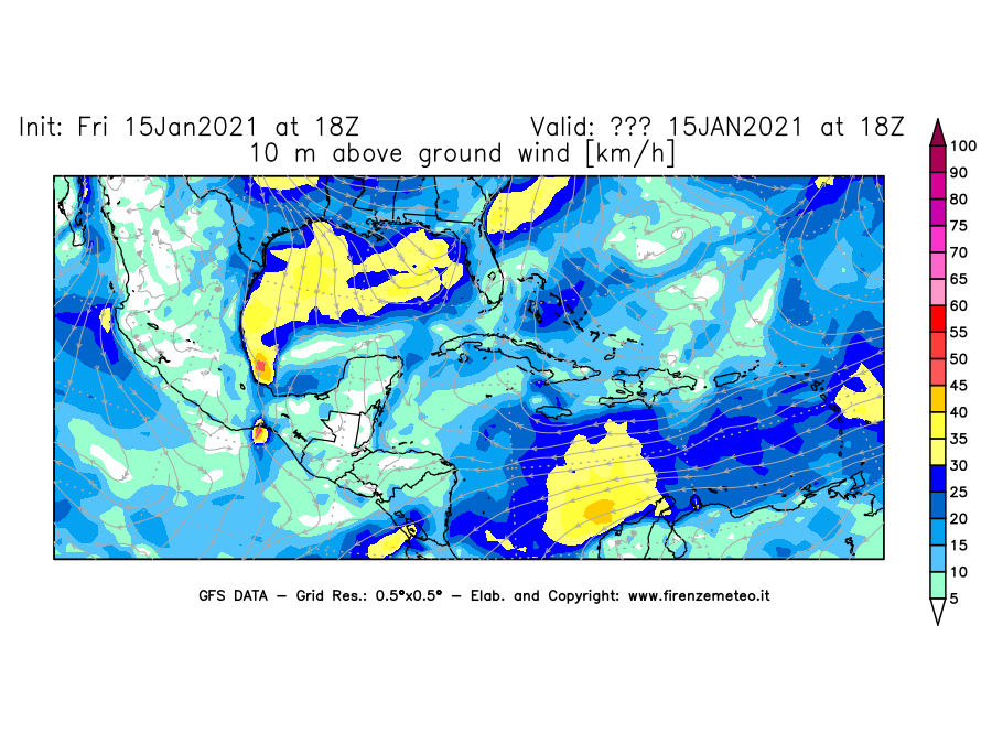Mappa di analisi GFS - Velocità del vento a 10 metri dal suolo [km/h] in Centro-America
									del 15/01/2021 18 <!--googleoff: index-->UTC<!--googleon: index-->