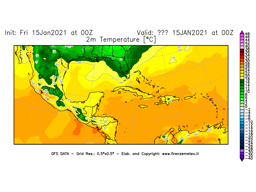 Mappa di analisi GFS - Temperatura a 2 metri dal suolo [°C] in Centro-America
									del 15/01/2021 00 <!--googleoff: index-->UTC<!--googleon: index-->