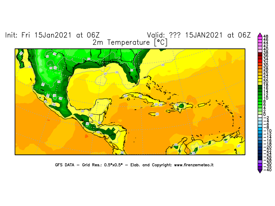 Mappa di analisi GFS - Temperatura a 2 metri dal suolo [°C] in Centro-America
									del 15/01/2021 06 <!--googleoff: index-->UTC<!--googleon: index-->