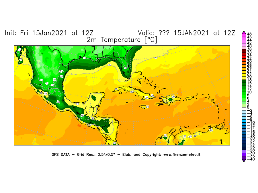 Mappa di analisi GFS - Temperatura a 2 metri dal suolo [°C] in Centro-America
									del 15/01/2021 12 <!--googleoff: index-->UTC<!--googleon: index-->