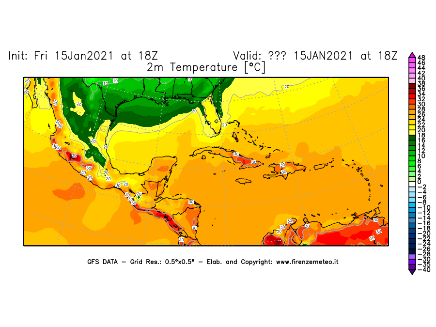 Mappa di analisi GFS - Temperatura a 2 metri dal suolo [°C] in Centro-America
									del 15/01/2021 18 <!--googleoff: index-->UTC<!--googleon: index-->