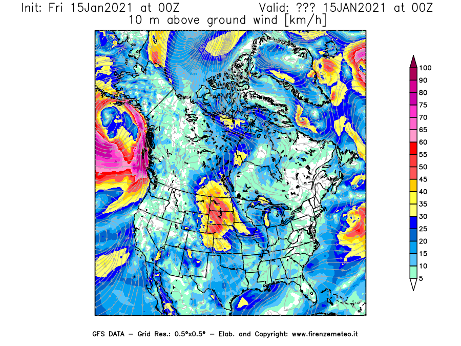 Mappa di analisi GFS - Velocità del vento a 10 metri dal suolo [km/h] in Nord-America
									del 15/01/2021 00 <!--googleoff: index-->UTC<!--googleon: index-->