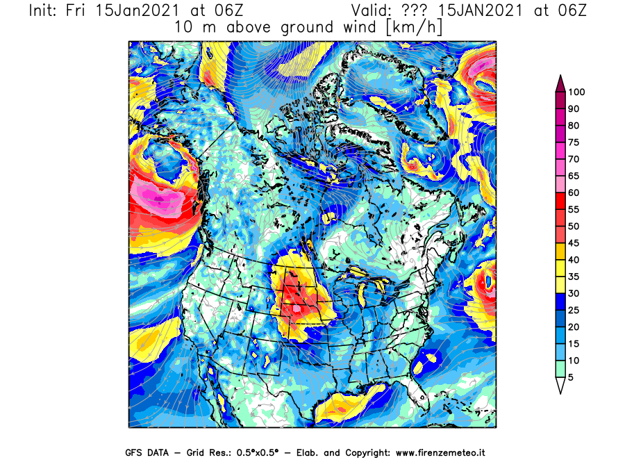 Mappa di analisi GFS - Velocità del vento a 10 metri dal suolo [km/h] in Nord-America
									del 15/01/2021 06 <!--googleoff: index-->UTC<!--googleon: index-->