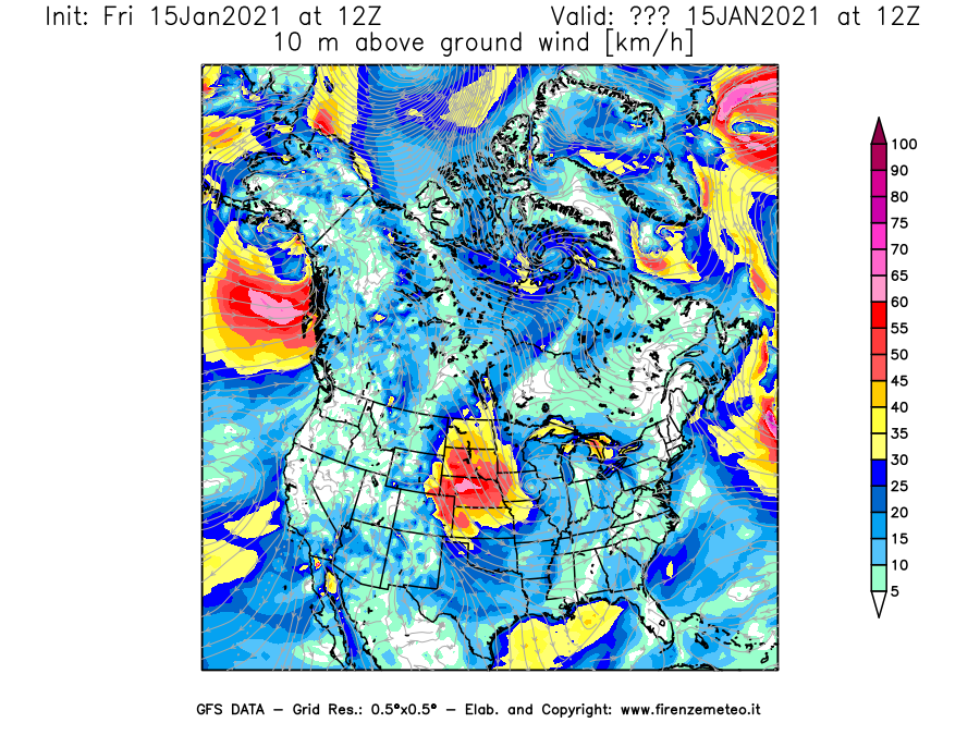 Mappa di analisi GFS - Velocità del vento a 10 metri dal suolo [km/h] in Nord-America
									del 15/01/2021 12 <!--googleoff: index-->UTC<!--googleon: index-->