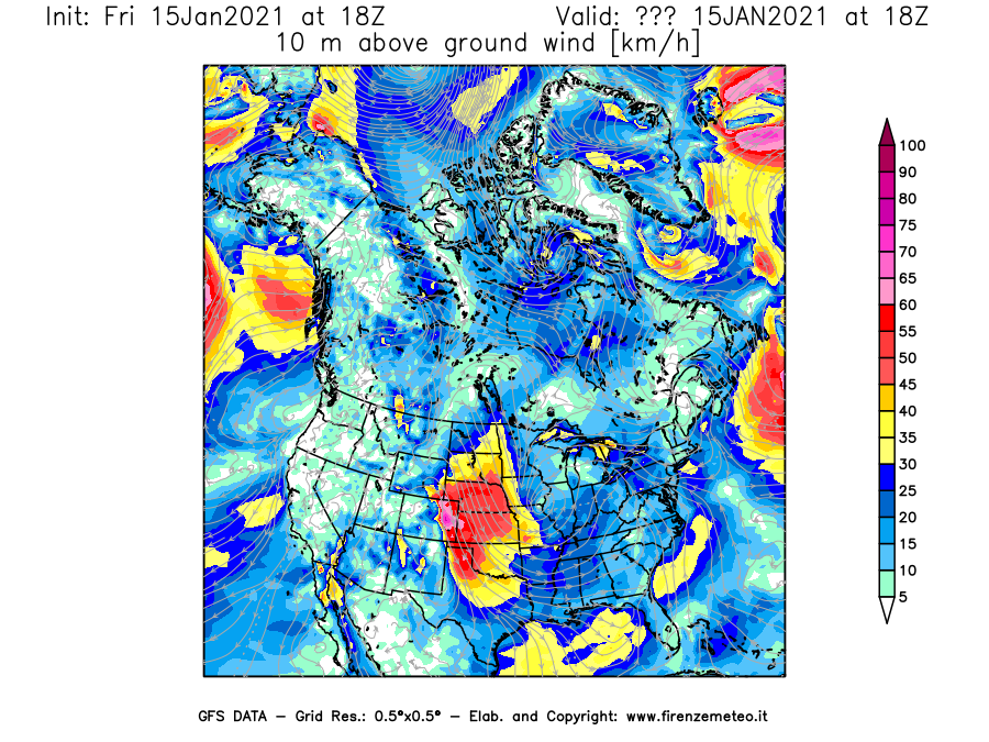 Mappa di analisi GFS - Velocità del vento a 10 metri dal suolo [km/h] in Nord-America
									del 15/01/2021 18 <!--googleoff: index-->UTC<!--googleon: index-->