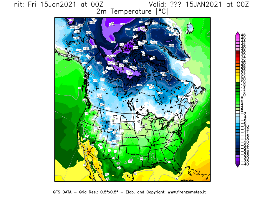 Mappa di analisi GFS - Temperatura a 2 metri dal suolo [°C] in Nord-America
									del 15/01/2021 00 <!--googleoff: index-->UTC<!--googleon: index-->