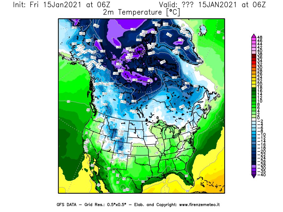 Mappa di analisi GFS - Temperatura a 2 metri dal suolo [°C] in Nord-America
									del 15/01/2021 06 <!--googleoff: index-->UTC<!--googleon: index-->