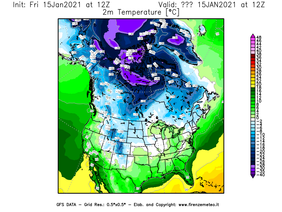Mappa di analisi GFS - Temperatura a 2 metri dal suolo [°C] in Nord-America
									del 15/01/2021 12 <!--googleoff: index-->UTC<!--googleon: index-->