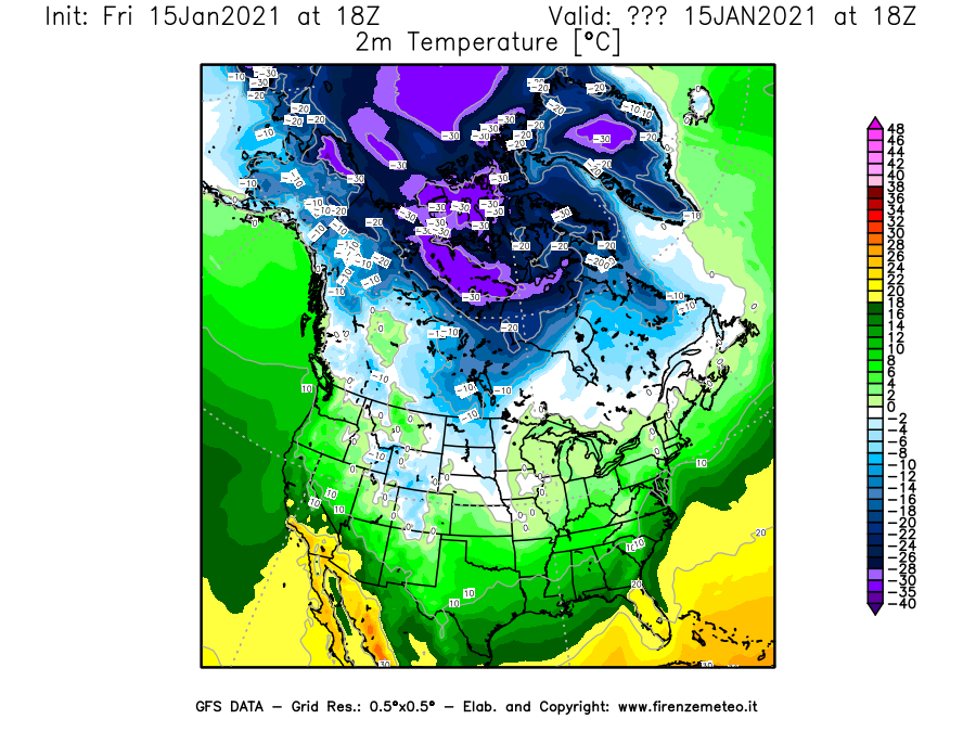 Mappa di analisi GFS - Temperatura a 2 metri dal suolo [°C] in Nord-America
									del 15/01/2021 18 <!--googleoff: index-->UTC<!--googleon: index-->
