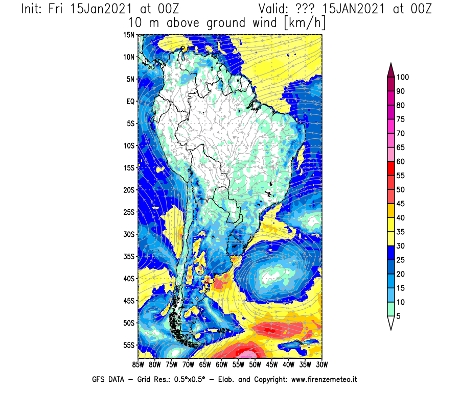 Mappa di analisi GFS - Velocità del vento a 10 metri dal suolo [km/h] in Sud-America
									del 15/01/2021 00 <!--googleoff: index-->UTC<!--googleon: index-->