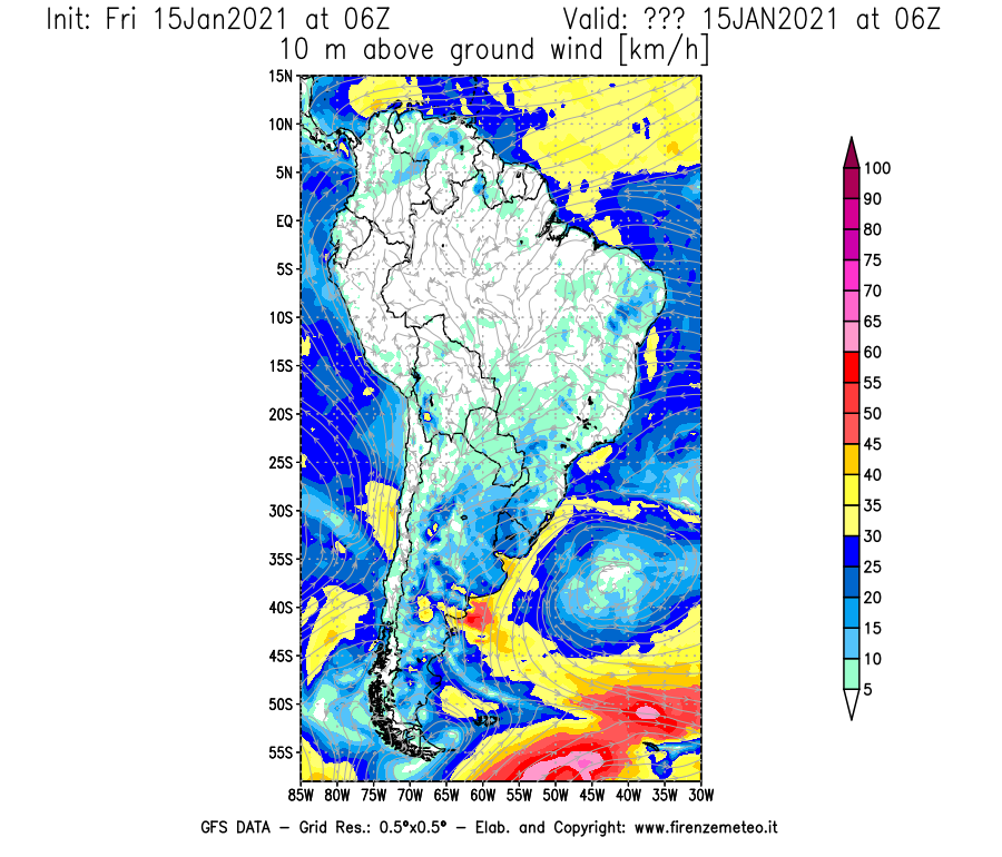 Mappa di analisi GFS - Velocità del vento a 10 metri dal suolo [km/h] in Sud-America
									del 15/01/2021 06 <!--googleoff: index-->UTC<!--googleon: index-->