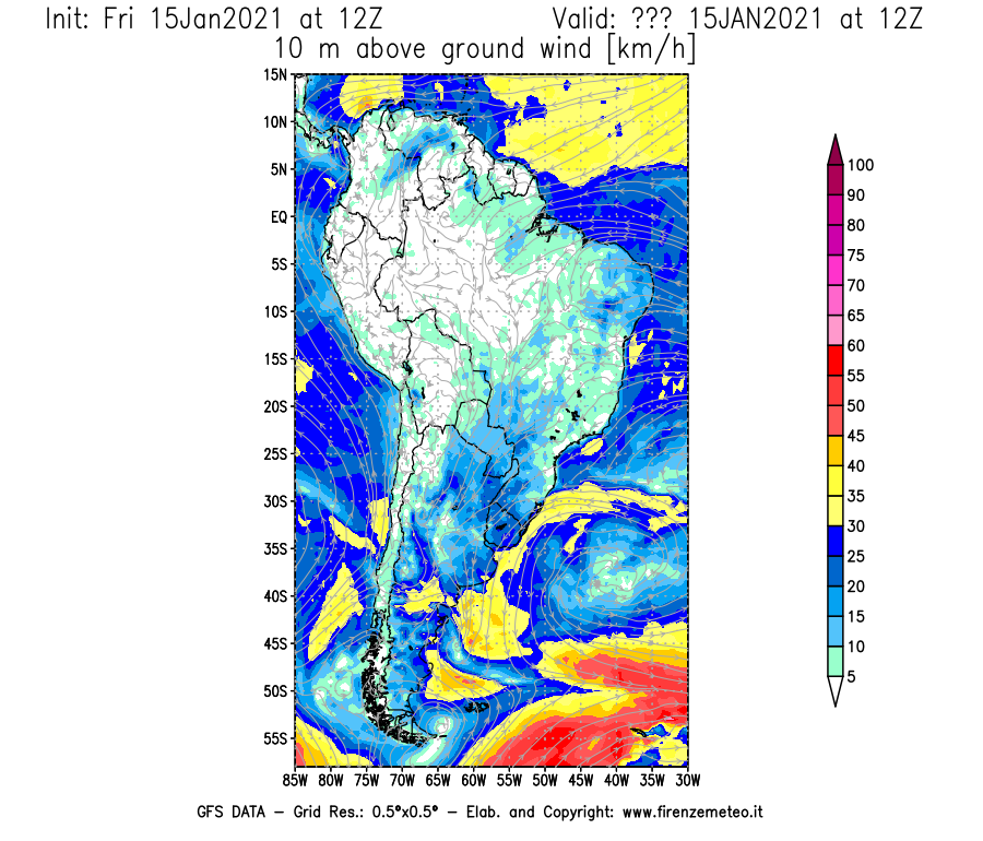 Mappa di analisi GFS - Velocità del vento a 10 metri dal suolo [km/h] in Sud-America
									del 15/01/2021 12 <!--googleoff: index-->UTC<!--googleon: index-->