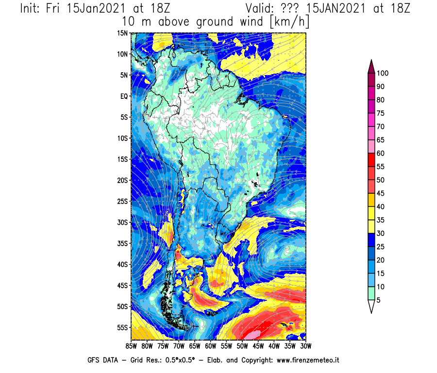 Mappa di analisi GFS - Velocità del vento a 10 metri dal suolo [km/h] in Sud-America
									del 15/01/2021 18 <!--googleoff: index-->UTC<!--googleon: index-->