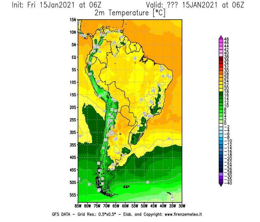 Mappa di analisi GFS - Temperatura a 2 metri dal suolo [°C] in Sud-America
									del 15/01/2021 06 <!--googleoff: index-->UTC<!--googleon: index-->