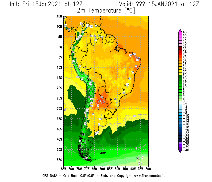 Mappa di analisi GFS - Temperatura a 2 metri dal suolo [°C] in Sud-America
									del 15/01/2021 12 <!--googleoff: index-->UTC<!--googleon: index-->
