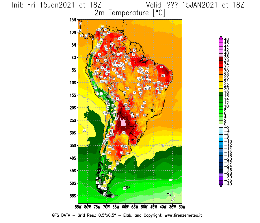 Mappa di analisi GFS - Temperatura a 2 metri dal suolo [°C] in Sud-America
									del 15/01/2021 18 <!--googleoff: index-->UTC<!--googleon: index-->